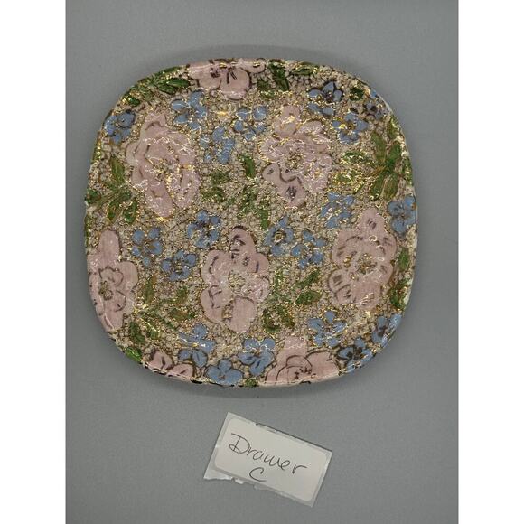 Signed Pottery Bay View 5” Plate Gold Raised Paint with Pink and Blue Flowers - Picture 6 of 9
